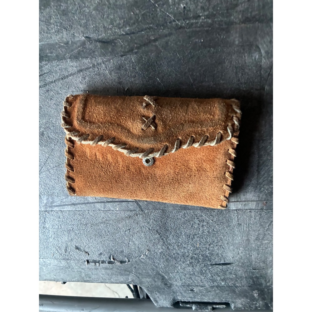 Vintage Brown Suede Leather Whipstitch Trifold Wallet Western Boho Hato Snap